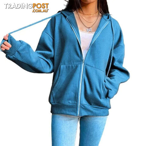 Blue / SZippay Fleece Hoodie Hooded Sweatshirts Long Sleeve Top Drawstring Pockets Loose Zipper Black Hoodies