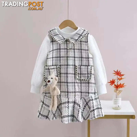 Beige / 6TZippay Baby Girls winter Princess Patchwork Dress Kids Bowtie Casual Outfits Baby Lovely Suits