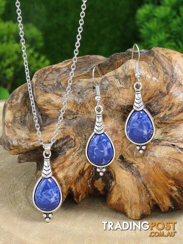 003Zippay Bohemian Holiday Style Jewelry Set Women's Water Droplet Stone Inlaid Classic Simple Earrings Short Necklace