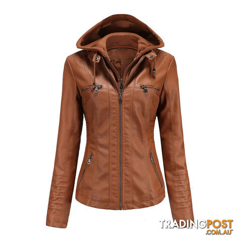 camel / XXXLZippay Plus Size Women Hooded Leather Jacket Removable Leather Jacket