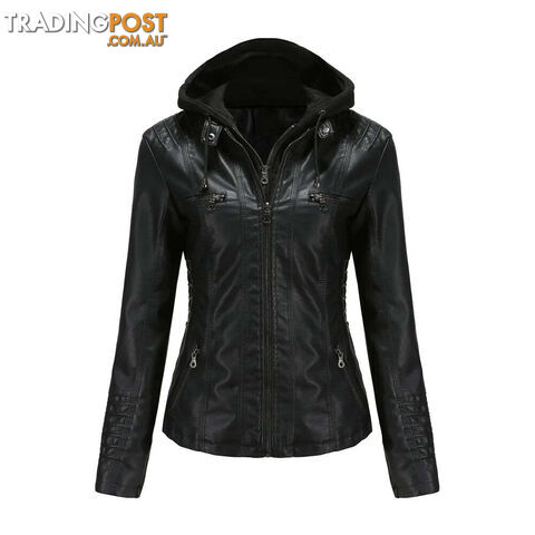 Black / XSZippay Plus Size Women Hooded Leather Jacket Removable Leather Jacket