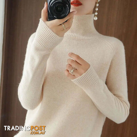 Light Beige / MZippay Turtleneck Pullover Cashmere Sweater Women Pure Color Casual Long-sleeved Loose