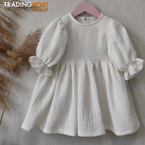 WHITE / 1TZippay Children's Organic Cotton Double Gauze Loose Pockets Baby Girls Dress Fashion Princess Casual Kids Dresses