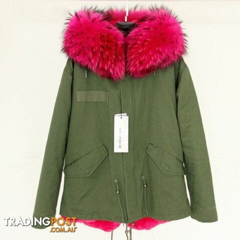 Rose hood black tips / XLZippay Women Winter Army Green Jacket Coats Thick Parkas Plus Size Real Fur Collar Hooded Outwear