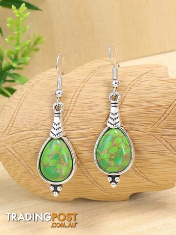 002Zippay Bohemian Holiday Style Jewelry Set Women's Water Droplet Stone Inlaid Classic Simple Earrings Short Necklace