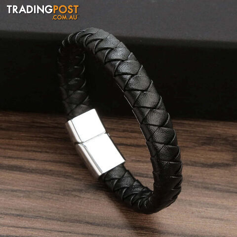 02 / 21cmZippay Punk Men Leather Braided Bracelet Hand-Woven Classic Stainless Steel Magnetic Clasp Leather Bangle