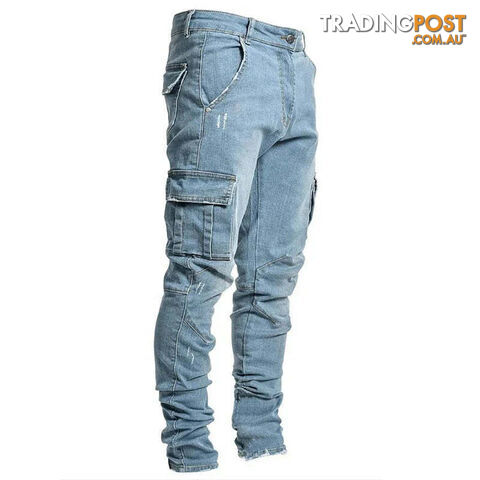 L0066 Blue / XXL 92cmZippay Men's Slim Fit Stretch Jeans Casual Fashion Multi Pocket Cargo Denim Pants High Street Men's Jeans Work Hip Hop Trousers