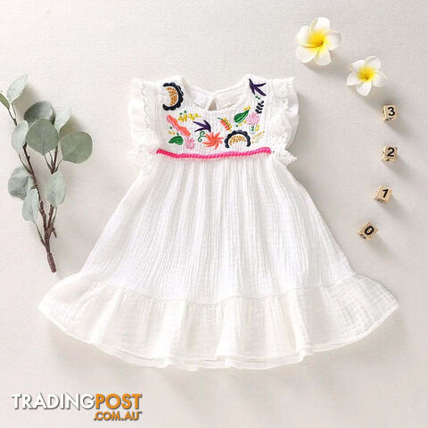 White / 110 (3-4Y)Zippay Infant Baby Girls Cotton Linen Dresses Pleated Short Sleeve Delicate Embroidery Swing White Dress Summer Leisure Dress