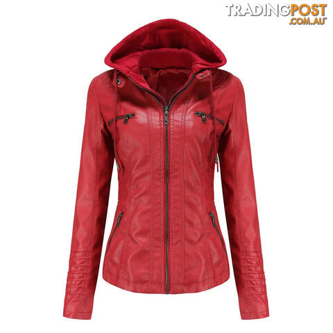 Red / XXXLZippay Plus Size Women Hooded Leather Jacket Removable Leather Jacket