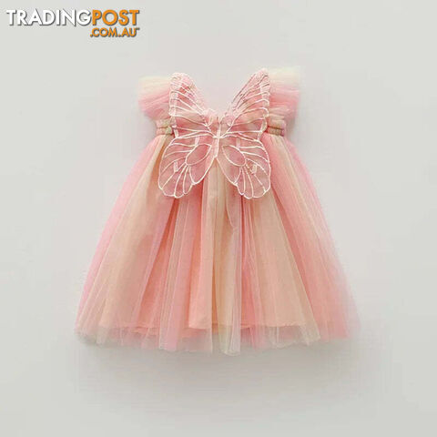 Orange Pink Rainbow / 4TZippay Girls Organza Wings Rainbow Mesh Dress Sleeve Baby Princess Dress Birthday Party