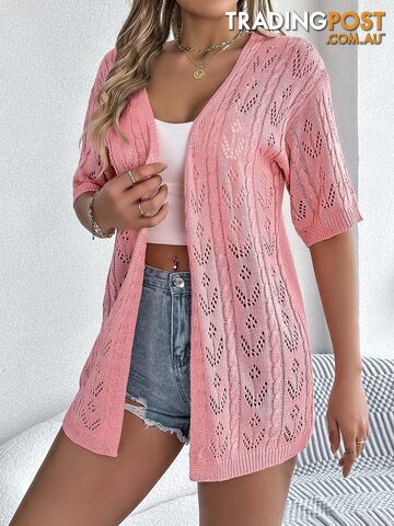 Pink / MZippay Casual Solid Color Hollow Out Knitted Cardigan Sun Proof Tops for Women