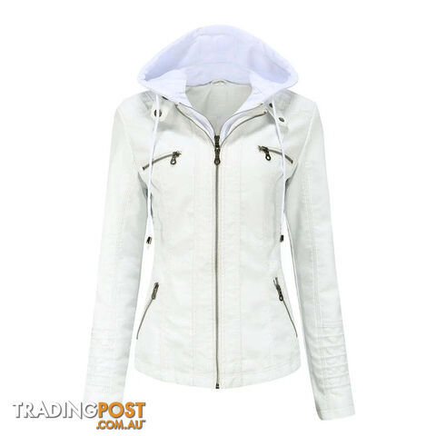 WHITE / XXLZippay Plus Size Women Hooded Leather Jacket Removable Leather Jacket