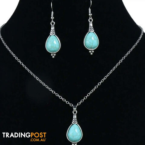 007Zippay Bohemian Holiday Style Jewelry Set Women's Water Droplet Stone Inlaid Classic Simple Earrings Short Necklace