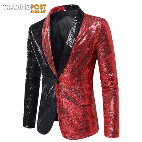 X22 Black Red / US Size XXLZippay Shiny White Sequin Glitter Blazer for Men One Button Peak Collar Tuxedo Jacket Mens Wedding Groom Party Prom Stage