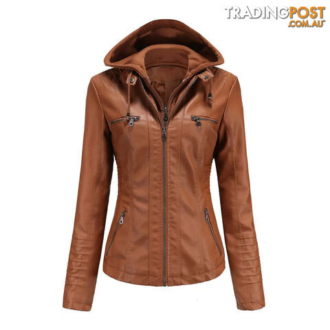 Brown / LZippay Plus Size Women Hooded Leather Jacket Removable Leather Jacket