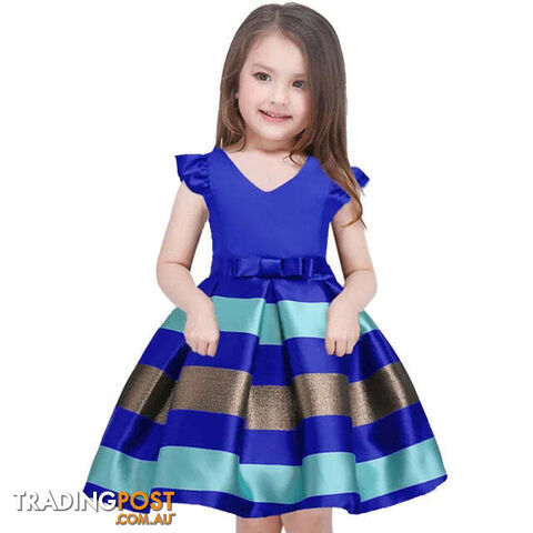 Blue / 4TZippay Girls Striped Flying Sleeve Bow Knot Colored Dress Birthday Party Wedding Flower