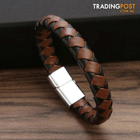 01 / 23cmZippay Punk Men Leather Braided Bracelet Hand-Woven Classic Stainless Steel Magnetic Clasp Leather Bangle