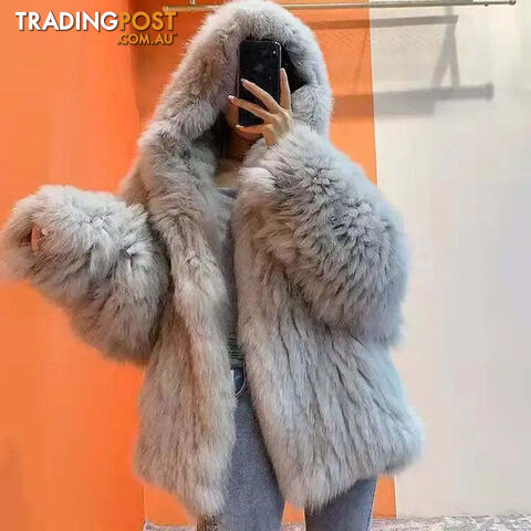 GRAY / MZippay Plush Jacket Women Winter Outwear Hooded Coat Woman Loose Faux Fur Jacket Women
