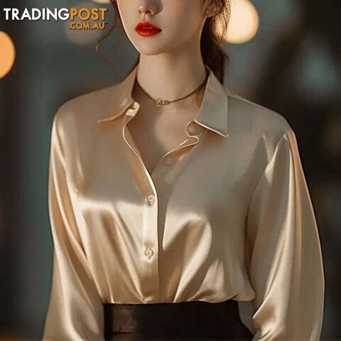 champagne gold / XL(60-65)kgZippay Women's Solid Color Polo-Neck Button Elegant Loose Long Sleeve Versatile Unique Shirt Tops