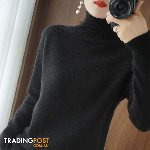 Black / SZippay Turtleneck Pullover Cashmere Sweater Women Pure Color Casual Long-sleeved Loose