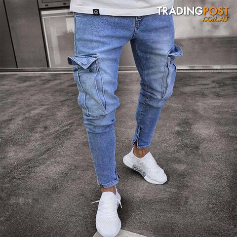 F806 Blue / S Waist 76cmZippay Men's Slim Fit Stretch Jeans Casual Fashion Multi Pocket Cargo Denim Pants High Street Men's Jeans Work Hip Hop Trousers