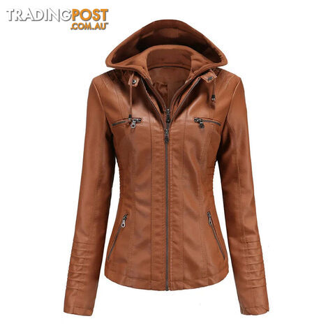 Brown / XXLZippay Plus Size Women Hooded Leather Jacket Removable Leather Jacket