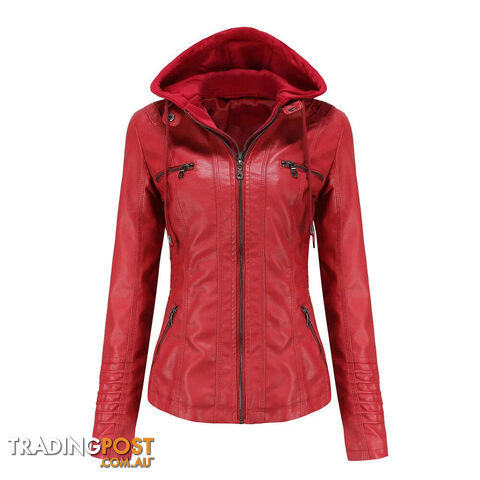 Red / MZippay Plus Size Women Hooded Leather Jacket Removable Leather Jacket