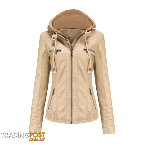 Ivory / LZippay Plus Size Women Hooded Leather Jacket Removable Leather Jacket