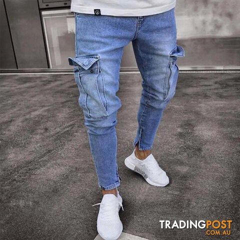 F806 Blue / M Waist 80cmZippay Men's Slim Fit Stretch Jeans Casual Fashion Multi Pocket Cargo Denim Pants High Street Men's Jeans Work Hip Hop Trousers