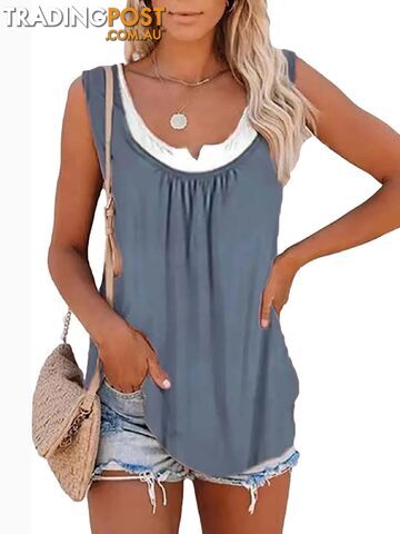 Dark Grey / LZippay Womens blouse solid color patchwork sleeveless pleated vest T-shirt