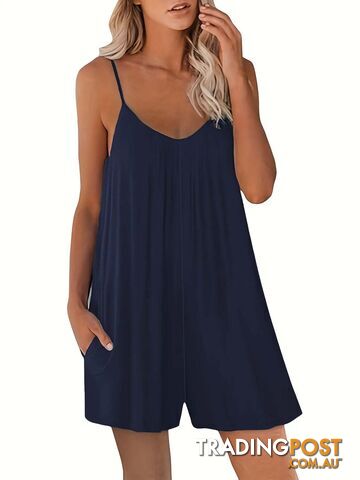 dark blue / MZippay Women's Casual Strap Shorts Solid Round Neck Loose Pocket Jumpsuit