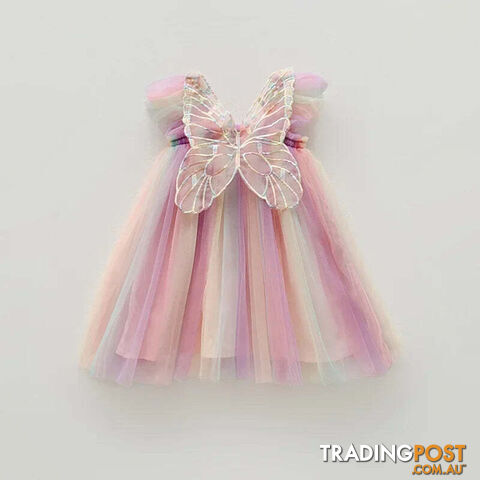 Classic Rainbow / 12MZippay Girls Organza Wings Rainbow Mesh Dress Sleeve Baby Princess Dress Birthday Party