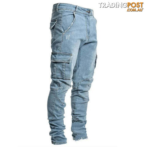 L0066 Blue / S Waist 76cmZippay Men's Slim Fit Stretch Jeans Casual Fashion Multi Pocket Cargo Denim Pants High Street Men's Jeans Work Hip Hop Trousers