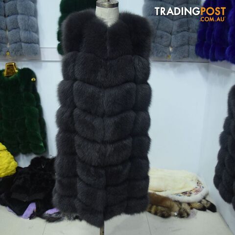 dark gray / XL chest 100cmZippay 90CM Natural Real Fox Fur Vest Winter Long Thick Women Genuine Fur Vest Jacket Pockets Real Fur Vest Coats for Women