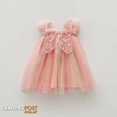 Orange Pink Rainbow / 12MZippay Girls Organza Wings Rainbow Mesh Dress Sleeve Baby Princess Dress Birthday Party