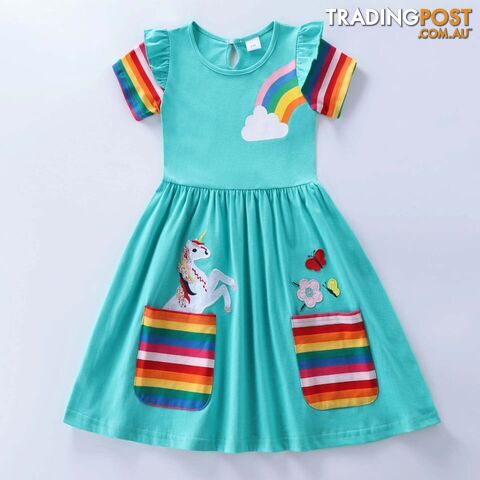 Lake Blue / 4-5YZippay Girls Short Sleeve Unicorn Dress New Summer Embroidered Two Pockets Rainbow Sleeve