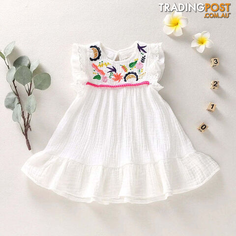 White / 120 (4-5Y)Zippay Infant Baby Girls Cotton Linen Dresses Pleated Short Sleeve Delicate Embroidery Swing White Dress Summer Leisure Dress