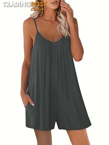 GRAY / MZippay Women's Casual Strap Shorts Solid Round Neck Loose Pocket Jumpsuit