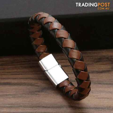01 / 21cmZippay Punk Men Leather Braided Bracelet Hand-Woven Classic Stainless Steel Magnetic Clasp Leather Bangle