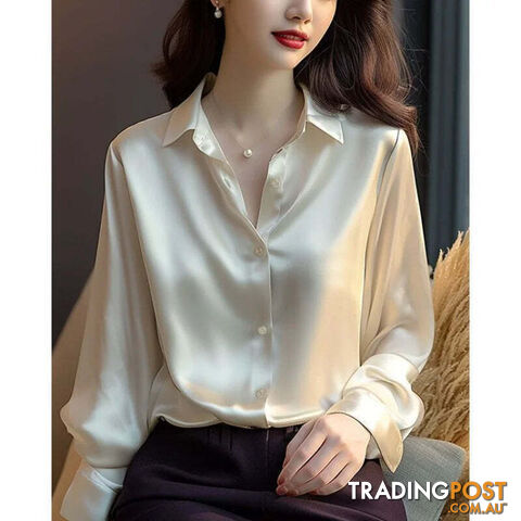 White / L(52.5-60)kgZippay Women's Solid Color Polo-Neck Button Elegant Loose Long Sleeve Versatile Unique Shirt Tops