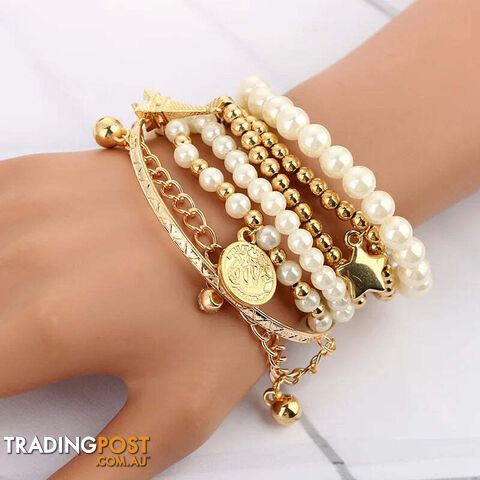 goldZippay 6pcs/set Fashion Gold Color Beads Pearl Star Multilayer Beaded Bracelets Set for Women Charm Party Jewelry Gift