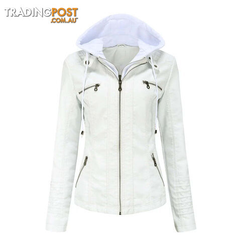 WHITE / XXXXLZippay Plus Size Women Hooded Leather Jacket Removable Leather Jacket