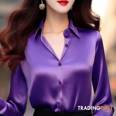 Purple / S(40-47.5)kgZippay Women's Solid Color Polo-Neck Button Elegant Loose Long Sleeve Versatile Unique Shirt Tops