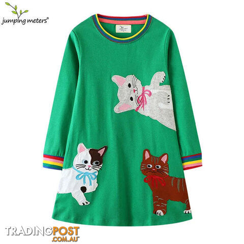 T7819 cats / 5TZippay Children's School Dresses With Pockets Pen Embroidery Long Sleeve Autumn Kids Preppy Style Dress