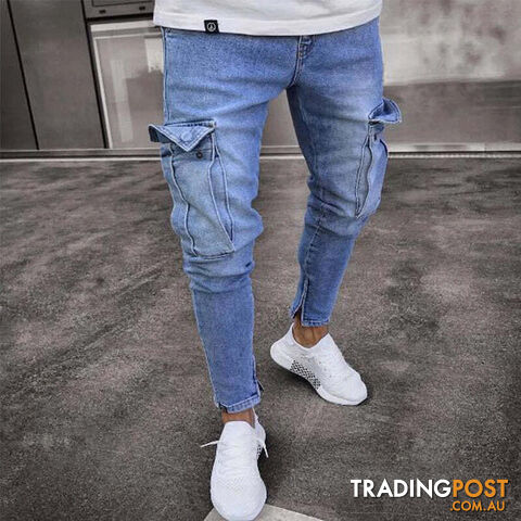 F806 Blue / L Waist 84cmZippay Men's Slim Fit Stretch Jeans Casual Fashion Multi Pocket Cargo Denim Pants High Street Men's Jeans Work Hip Hop Trousers