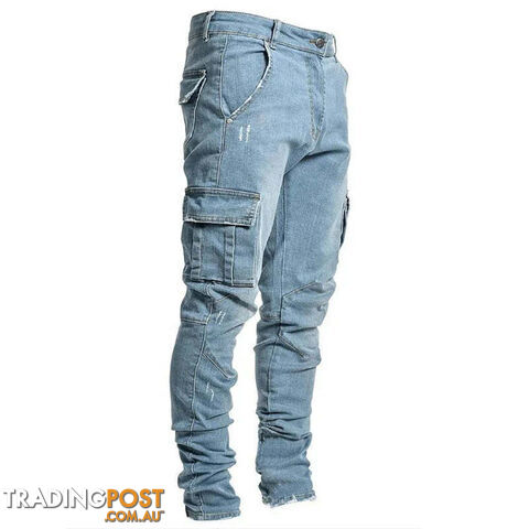 L0066 Blue / XL Waist 88cmZippay Men's Slim Fit Stretch Jeans Casual Fashion Multi Pocket Cargo Denim Pants High Street Men's Jeans Work Hip Hop Trousers