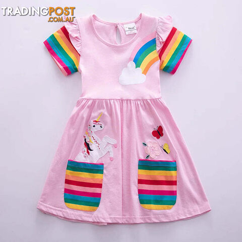 Pink / 5-6YZippay Girls Short Sleeve Unicorn Dress New Summer Embroidered Two Pockets Rainbow Sleeve