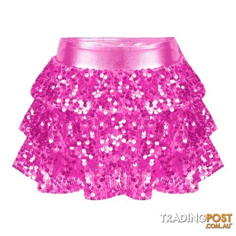 Hot Pink / 6Zippay Kids Girls Shiny Sequins Tiered Ruffle Skirted Shorts Metallic Culottes for Latin Jazz Modern Dancing Stage Performance Costume