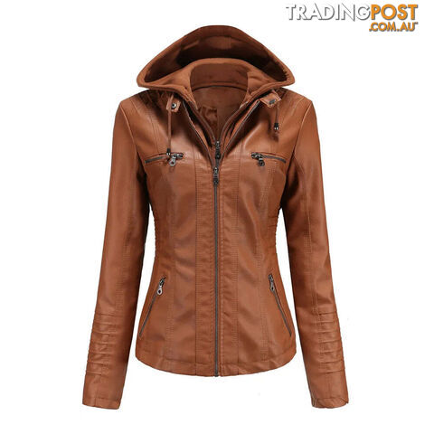 Brown / XSZippay Plus Size Women Hooded Leather Jacket Removable Leather Jacket