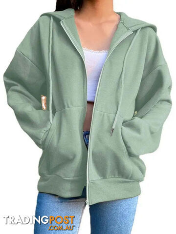 green / XLZippay Fleece Hoodie Hooded Sweatshirts Long Sleeve Top Drawstring Pockets Loose Zipper Black Hoodies